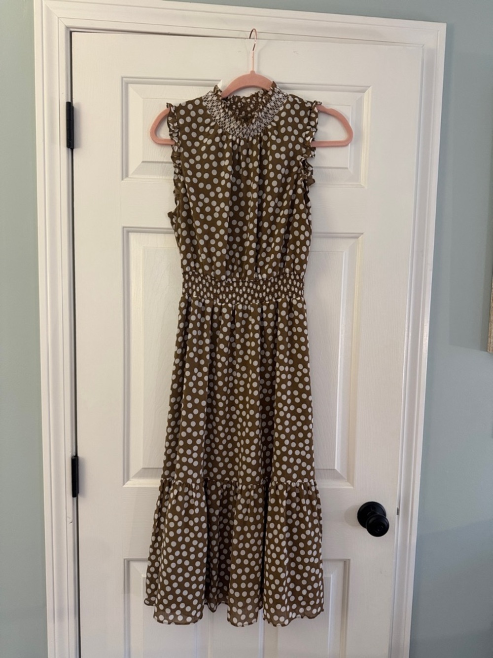 J. Crew Brown and White Polka Dot High Neck Midi Dress
